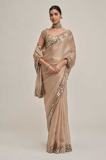 Buy Vvani by vani vats Beige Organza, Satin, Crepe Sweetheart Neck Mirror Embroidered Saree With Blouse Online at Aza Fashions Buy_Vvani by vani vats_Beige Organza, Satin, Crepe Sweetheart Neck Mirror Embroidered Saree With Blouse _Online_at_Aza_Fashions