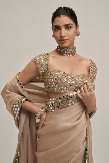 Shop Vvani by vani vats Beige Organza, Satin, Crepe Sweetheart Neck Mirror Embroidered Saree With Blouse Online at Aza Fashions Shop_Vvani by vani vats_Beige Organza, Satin, Crepe Sweetheart Neck Mirror Embroidered Saree With Blouse _Online_at_Aza_Fashions