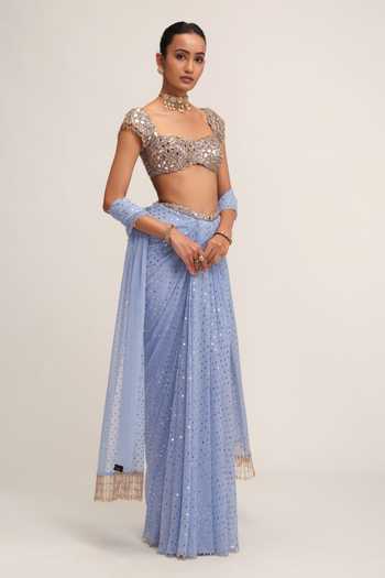 Vvani By Vani Vats Blue Crepe, Georgette Square Neck Dew Draped Skirt Set Online at Aza Fashions Vvani By Vani Vats_Blue Crepe, Georgette Square Neck Dew Draped Skirt Set _Online_at_Aza_Fashions