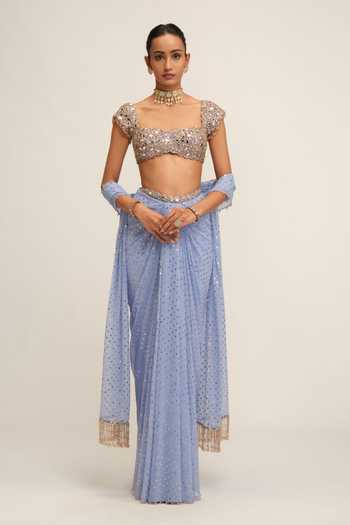 Buy Vvani By Vani Vats Blue Crepe, Georgette Square Neck Dew Draped Skirt Set Online at Aza Fashions Buy_Vvani By Vani Vats_Blue Crepe, Georgette Square Neck Dew Draped Skirt Set _Online_at_Aza_Fashions