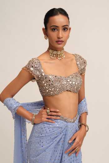 Shop Vvani By Vani Vats Blue Crepe, Georgette Square Neck Dew Draped Skirt Set Online at Aza Fashions Shop_Vvani By Vani Vats_Blue Crepe, Georgette Square Neck Dew Draped Skirt Set _Online_at_Aza_Fashions