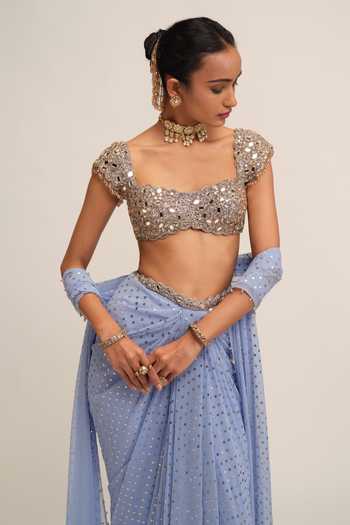 Vvani By Vani Vats Blue Crepe, Georgette Square Neck Dew Draped Skirt Set at Aza Fashions Vvani By Vani Vats_Blue Crepe, Georgette Square Neck Dew Draped Skirt Set _at_Aza_Fashions
