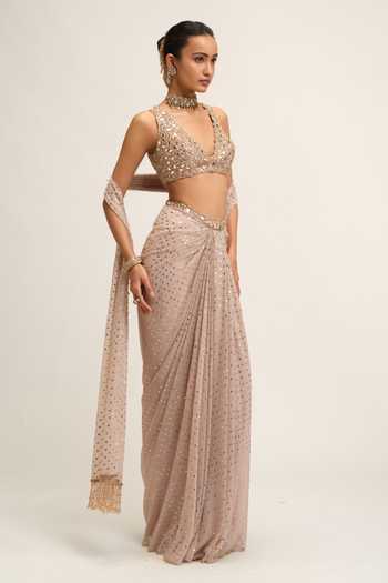 Vvani By Vani Vats Peach Crepe, Georgette V-neck Embroidered Blouse Skirt Set Online at Aza Fashions Vvani By Vani Vats_Peach Crepe, Georgette V-neck Embroidered Blouse Skirt Set _Online_at_Aza_Fashions