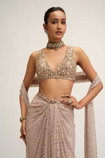 Buy Vvani By Vani Vats Peach Crepe, Georgette V-neck Embroidered Blouse Skirt Set Online at Aza Fashions Buy_Vvani By Vani Vats_Peach Crepe, Georgette V-neck Embroidered Blouse Skirt Set _Online_at_Aza_Fashions