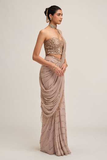 Vvani by vani vats Beige Georgette, Crepe Sweetheart Neck Linear Mirror Work Pre-draped Saree Set Online at Aza Fashions Vvani by vani vats_Beige Georgette, Crepe Sweetheart Neck Linear Mirror Work Pre-draped Saree Set _Online_at_Aza_Fashions