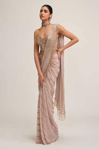Buy Vvani by vani vats Beige Georgette, Crepe Sweetheart Neck Linear Mirror Work Pre-draped Saree Set Online at Aza Fashions Buy_Vvani by vani vats_Beige Georgette, Crepe Sweetheart Neck Linear Mirror Work Pre-draped Saree Set _Online_at_Aza_Fashions