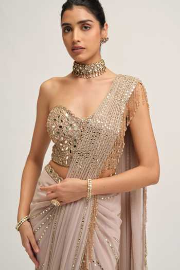 Shop Vvani by vani vats Beige Georgette, Crepe Sweetheart Neck Linear Mirror Work Pre-draped Saree Set Online at Aza Fashions Shop_Vvani by vani vats_Beige Georgette, Crepe Sweetheart Neck Linear Mirror Work Pre-draped Saree Set _Online_at_Aza_Fashions