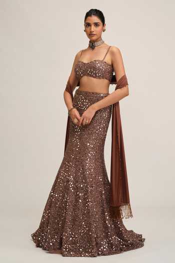 Vvani by vani vats_Beige Net, Crepe, Satin Embroidered Fishcut Lehenga Set _Online_at_Aza_Fashions