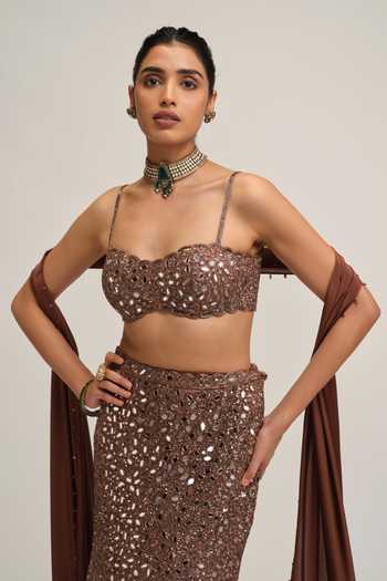 Buy_Vvani by vani vats_Beige Net, Crepe, Satin Embroidered Fishcut Lehenga Set _Online_at_Aza_Fashions