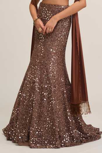 Shop_Vvani by vani vats_Beige Net, Crepe, Satin Embroidered Fishcut Lehenga Set _Online_at_Aza_Fashions