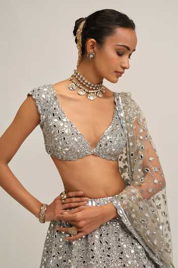 Vvani by vani vats Silver Crepe, Net V-neck Handcut Mirror Work Lehenga Set Online at Aza Fashions Vvani by vani vats_Silver Crepe, Net V-neck Handcut Mirror Work Lehenga Set _Online_at_Aza_Fashions