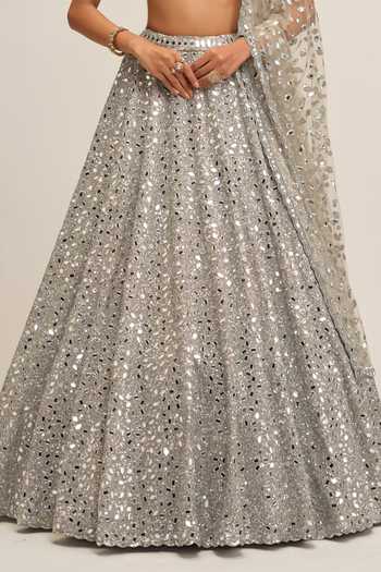Buy Vvani by vani vats Silver Crepe, Net V-neck Handcut Mirror Work Lehenga Set Online at Aza Fashions Buy_Vvani by vani vats_Silver Crepe, Net V-neck Handcut Mirror Work Lehenga Set _Online_at_Aza_Fashions