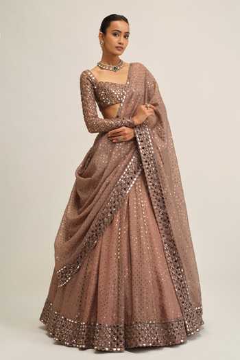 Vvani by vani vats_Beige Crepe, Organza Square Neck Sequins Embroidered Lehenga Set _Online_at_Aza_Fashions