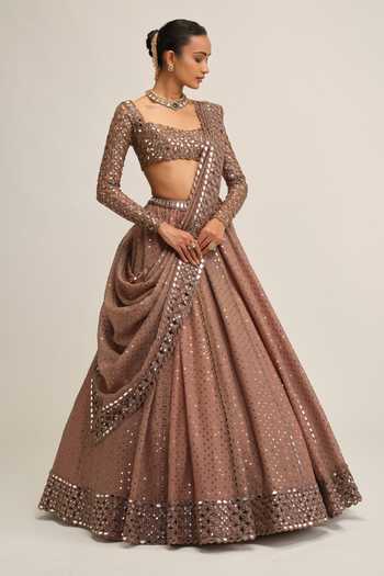 Buy_Vvani by vani vats_Beige Crepe, Organza Square Neck Sequins Embroidered Lehenga Set _Online_at_Aza_Fashions