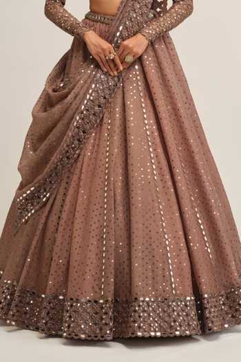 Shop_Vvani by vani vats_Beige Crepe, Organza Square Neck Sequins Embroidered Lehenga Set _Online_at_Aza_Fashions