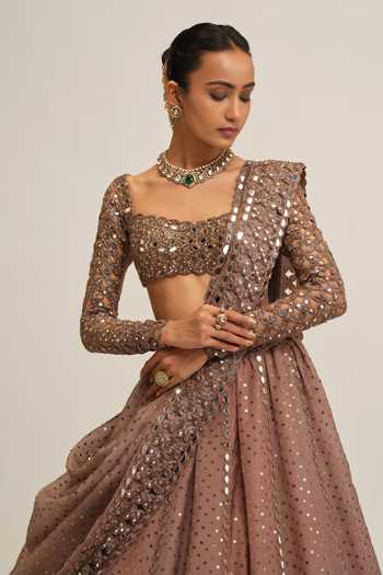 Vvani by vani vats_Beige Crepe, Organza Square Neck Sequins Embroidered Lehenga Set _at_Aza_Fashions