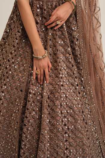 Buy_Vvani by vani vats_Beige Crepe, Georgette, Net Sequins, Stones, Flower Embroidered Lehenga Set _Online_at_Aza_Fashions