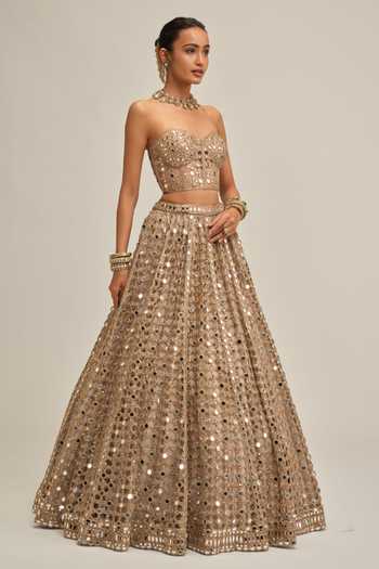 Vvani By Vani Vats Beige Georgette, Crepe Sequins, Mirrors, Cut Embroidered Corset And Lehenga Set Online at Aza Fashions Vvani By Vani Vats_Beige Georgette, Crepe Sequins, Mirrors, Cut Embroidered Corset And Lehenga Set _Online_at_Aza_Fashions