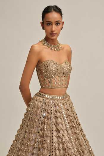 Vvani By Vani Vats Beige Crepe, Georgette Sequins, Mirrors, Cut Work Diamond Corset And Lehenga Set Online at Aza Fashions Vvani By Vani Vats_Beige Crepe, Georgette Sequins, Mirrors, Cut Work Diamond Corset And Lehenga Set _Online_at_Aza_Fashions