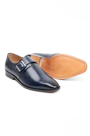 3dm Lifestyle Blue Leather Medallion Single Monkstrap Shoes at Aza Fashions 3dm Lifestyle_Blue Leather Medallion Single Monkstrap Shoes _at_Aza_Fashions