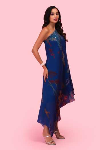 Shop Preeti Mehta Blue Georgette One Shoulder Brahmand Dress Online at Aza Fashions Shop_Preeti Mehta_Blue Georgette One Shoulder Brahmand Dress _Online_at_Aza_Fashions