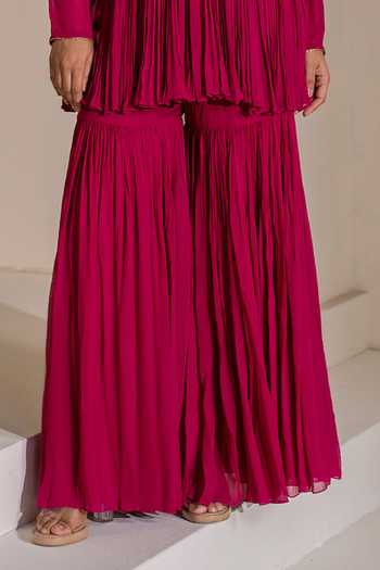 Rasasvada Magenta Silk, Georgette, Dupion V-neck Gathered Embellished Tunic Sharara Set Online at Aza Fashions Rasasvada_Magenta Silk, Georgette, Dupion V-neck Gathered Embellished Tunic Sharara Set _Online_at_Aza_Fashions