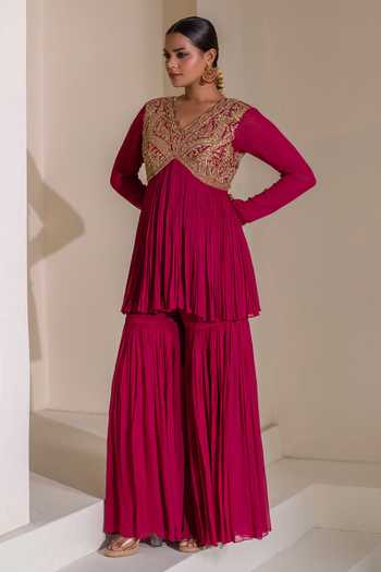Buy Rasasvada Magenta Silk, Georgette, Dupion V-neck Gathered Embellished Tunic Sharara Set Online at Aza Fashions Buy_Rasasvada_Magenta Silk, Georgette, Dupion V-neck Gathered Embellished Tunic Sharara Set _Online_at_Aza_Fashions