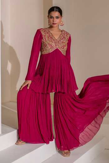 Shop Rasasvada Magenta Silk, Georgette, Dupion V-neck Gathered Embellished Tunic Sharara Set Online at Aza Fashions Shop_Rasasvada_Magenta Silk, Georgette, Dupion V-neck Gathered Embellished Tunic Sharara Set _Online_at_Aza_Fashions