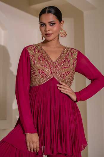 Rasasvada Magenta Silk, Georgette, Dupion V-neck Gathered Embellished Tunic Sharara Set at Aza Fashions Rasasvada_Magenta Silk, Georgette, Dupion V-neck Gathered Embellished Tunic Sharara Set _at_Aza_Fashions