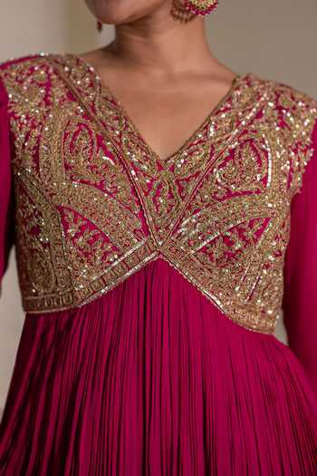 Buy Rasasvada Magenta Silk, Georgette, Dupion V-neck Gathered Embellished Tunic Sharara Set Buy_Rasasvada_Magenta Silk, Georgette, Dupion V-neck Gathered Embellished Tunic Sharara Set