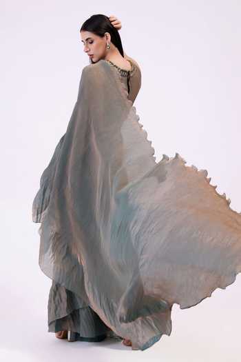 Preeti Mehta Metallic Moss Green Pre-Draped Saree Set 