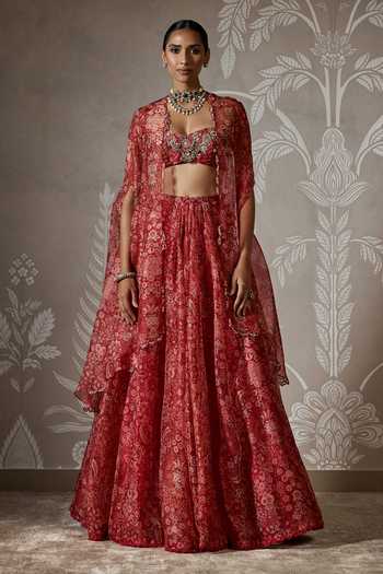 Ridhi Mehra Red Bloom Print Cape & Lehenga Set 