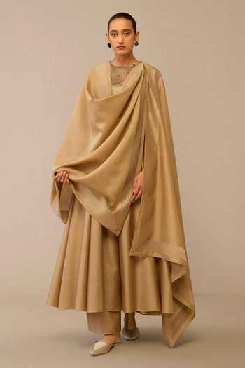 Buy Ampm Beige Chanderi Embroidery Round Neck Quilted Anarkali Palazzo Set at Aza Fashions Buy_Ampm_Beige Chanderi Embroidery Round Neck Quilted Anarkali Palazzo Set _at_Aza_Fashions