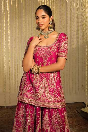 Sheetal Batra_Pink Organza, Satin, , Mazneen Paisley Kurta Flared Pant Set _Online_at_Aza_Fashions