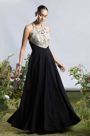 Shop Amrta By Guneet Kondal Black Crepe, Viscose, Shantoon Embroidery, Cut Work Halter Moonlit Noir Gown Online at Aza Fashions Shop_Amrta By Guneet Kondal_Black Crepe, Viscose, Shantoon Embroidery, Cut Work Halter Moonlit Noir Gown _Online_at_Aza_Fashions