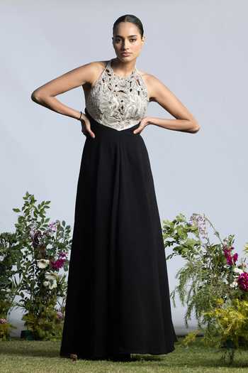 Amrta By Guneet Kondal Moonlit Noir Embroidered Halter Neck Gown