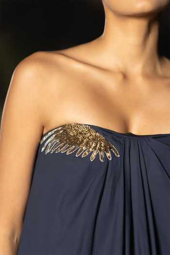 Amrta By Guneet Kondal_Blue Cotton, Poplin Bandeau Neck Wing Strapless Dress _Online_at_Aza_Fashions