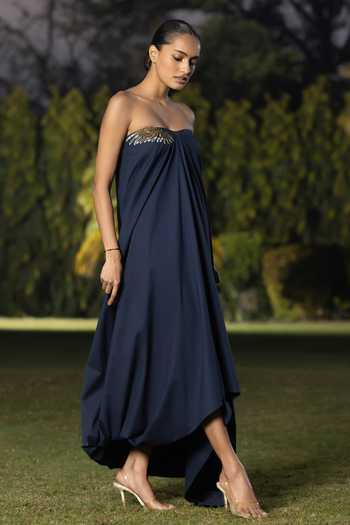 Buy_Amrta By Guneet Kondal_Blue Cotton, Poplin Bandeau Neck Wing Strapless Dress _Online_at_Aza_Fashions