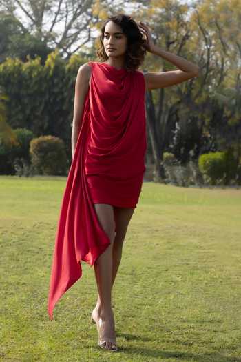 Shop Amrta By Guneet Kondal Red Satin, Viscose, Shantoon Cowl Neck Whispers Of Love Draped Dress Online at Aza Fashions Shop_Amrta By Guneet Kondal_Red Satin, Viscose, Shantoon Cowl Neck Whispers Of Love Draped Dress _Online_at_Aza_Fashions