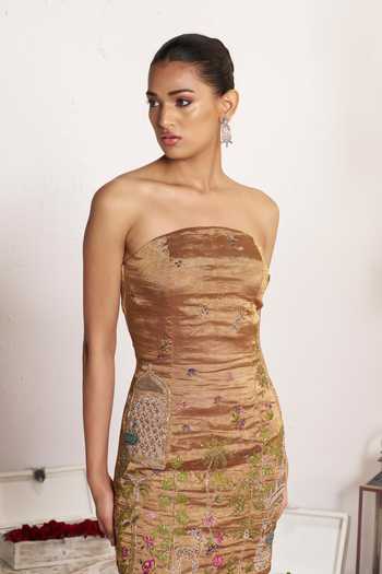 Amrta By Guneet Kondal_Gold Silk, Tissue Bandeau Neck Pichwai Embroidered Dress _Online_at_Aza_Fashions