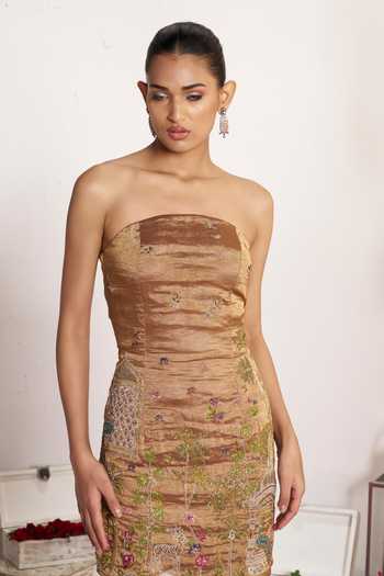 Buy_Amrta By Guneet Kondal_Gold Silk, Tissue Bandeau Neck Pichwai Embroidered Dress _Online_at_Aza_Fashions
