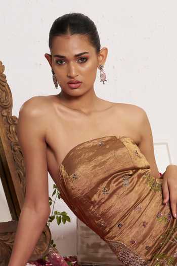 Shop_Amrta By Guneet Kondal_Gold Silk, Tissue Bandeau Neck Pichwai Embroidered Dress _Online_at_Aza_Fashions