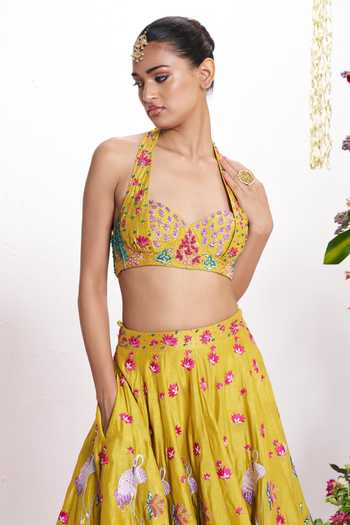 Amrta By Guneet Kondal Yellow Silk Halter Neck Pichwai Embroidered Lehenga And Blouse Set Online at Aza Fashions Amrta By Guneet Kondal_Yellow Silk Halter Neck Pichwai Embroidered Lehenga And Blouse Set _Online_at_Aza_Fashions