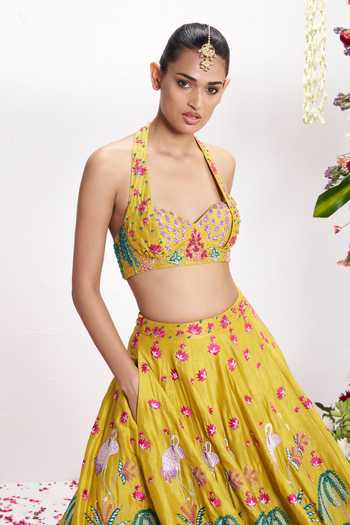 Buy Amrta By Guneet Kondal Yellow Silk Halter Neck Pichwai Embroidered Lehenga And Blouse Set Online at Aza Fashions Buy_Amrta By Guneet Kondal_Yellow Silk Halter Neck Pichwai Embroidered Lehenga And Blouse Set _Online_at_Aza_Fashions