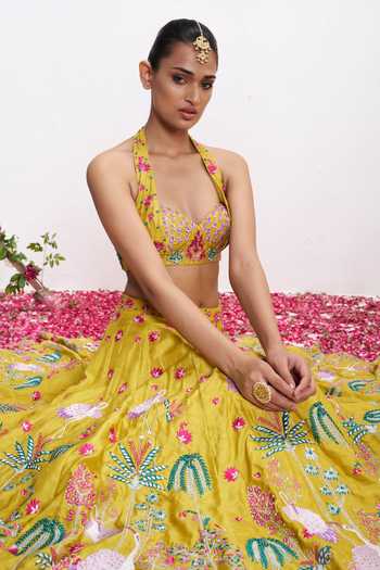 Shop Amrta By Guneet Kondal Yellow Silk Halter Neck Pichwai Embroidered Lehenga And Blouse Set Online at Aza Fashions Shop_Amrta By Guneet Kondal_Yellow Silk Halter Neck Pichwai Embroidered Lehenga And Blouse Set _Online_at_Aza_Fashions