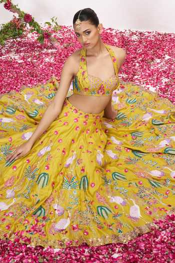 Buy Amrta By Guneet Kondal Yellow Silk Halter Neck Pichwai Embroidered Lehenga And Blouse Set Buy_Amrta By Guneet Kondal_Yellow Silk Halter Neck Pichwai Embroidered Lehenga And Blouse Set