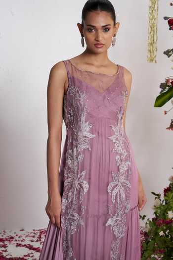 Amrta By Guneet Kondal Purple Organza, Chinon, Shantoon Round Neck Embroidered Kurta And Sharara Set Online at Aza Fashions Amrta By Guneet Kondal_Purple Organza, Chinon, Shantoon Round Neck Embroidered Kurta And Sharara Set _Online_at_Aza_Fashions