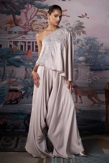 Buy_Amrta By Guneet Kondal_Ivory Satin One Shoulder Embroidered Draped Top And Pant Set _Online_at_Aza_Fashions