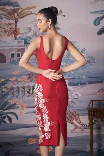 Shop Amrta By Guneet Kondal Red Silk Square Neck Scarlet Bloom Embroidered Midi Dress at Aza Fashions Shop_Amrta By Guneet Kondal_Red Silk Square Neck Scarlet Bloom Embroidered Midi Dress _at_Aza_Fashions
