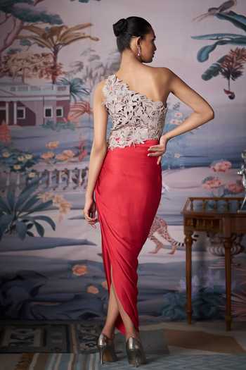 Amrta By Guneet Kondal One Shoulder Embroidered Bustier With Draped Skirt 